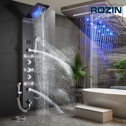 Rozin Led Shower Panel With Waterfall Flow And Massage Sprayer