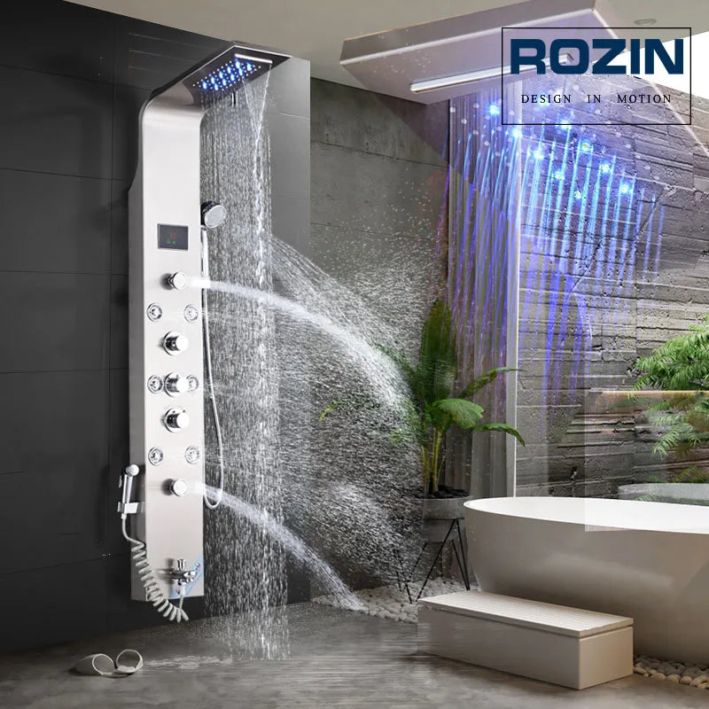 Rozin Led Shower Panel With Waterfall Flow And Massage Sprayer