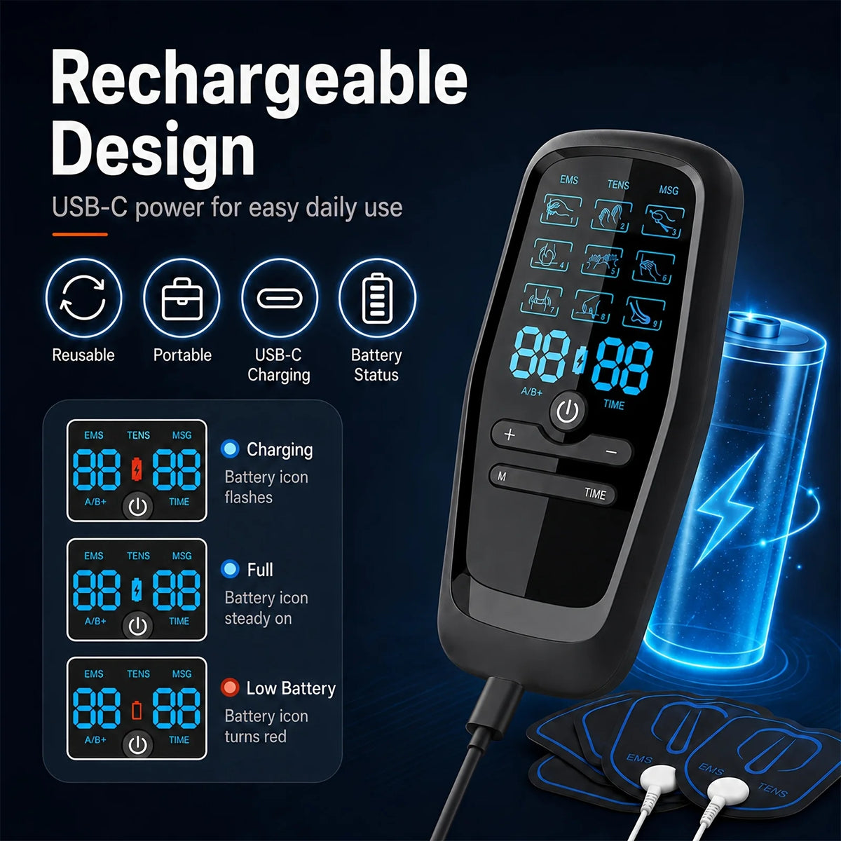 Rechargeable Dual Channel Tens And Ems Muscle Stimulator